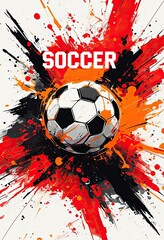 Dynamic Soccer Ball with Explosive Paint Splatters and "SOCCER" Text