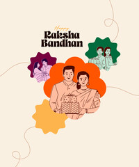 Happy Raksha Bandhan text with brother and sister celebrating Raksha Bandhan Festival elements and vector illustration for social media post
