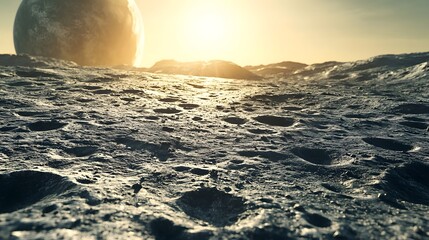 Detailed surface of a planet with dramatic craters and sunlight