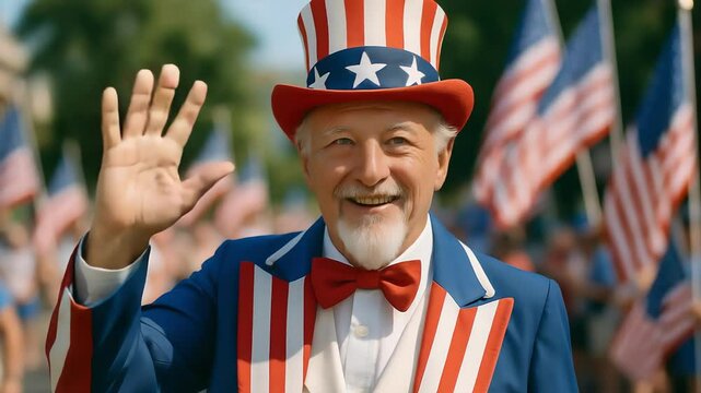 Cheerful senior man in Uncle Sam costume waves at Fourth of July celebration parade with American flags, embodying patriotic spirit and community pride