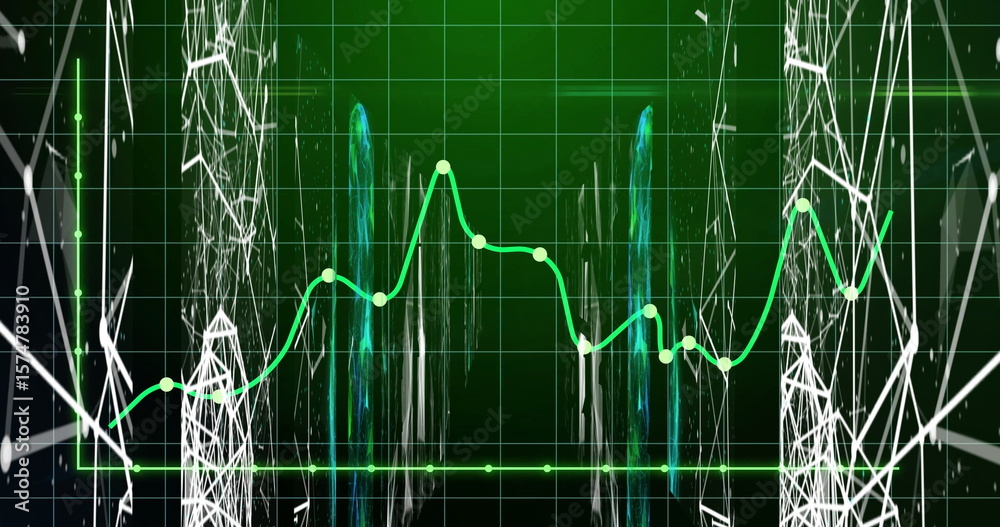 Poster green line graph fluctuating on dark grid, with circular data points and wireframe meshes