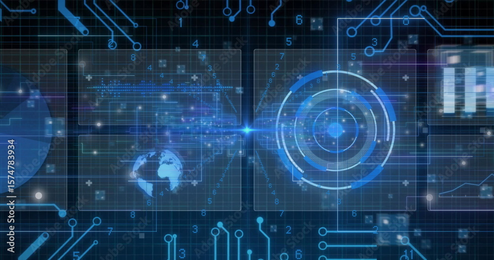 Poster displaying radar-like graphic rotating in cyberspace grid, with circuit tracings, numeric data