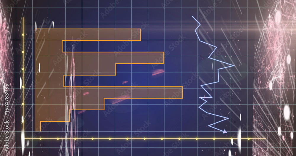 Poster displaying data visualization centered on digital dashboard, with orange bars and blue line graph