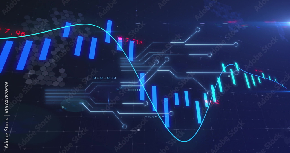 Poster displaying chart interface on dark grid with bars, neon line, traces, hex patterns, numeric labels