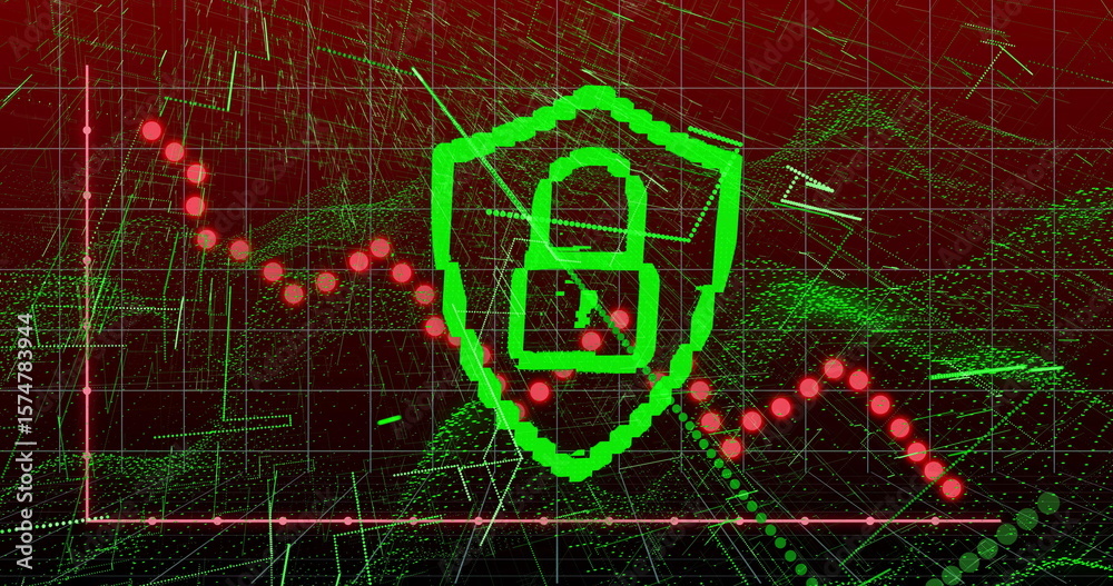 Poster displaying neon green shield enclosing lock icon in cyber grid, with red data line, mesh waveforms
