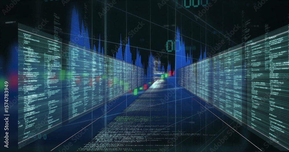 Poster extending data corridor receding in virtual tunnel, with code panels, candlestick bars, waveforms