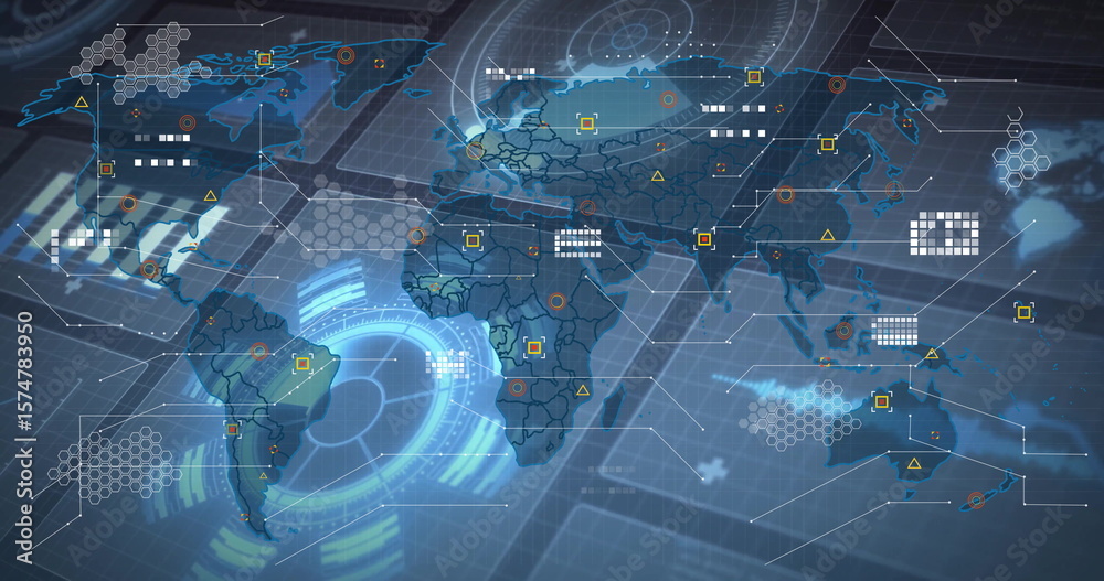 Fototapete Futuristic map interface displaying hexagonal grids and data markers in virtual command dashboard