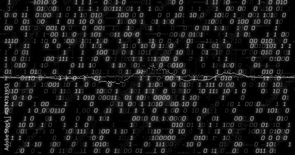Poster displaying binary waveform glitching across digital environment, with scattered white digits