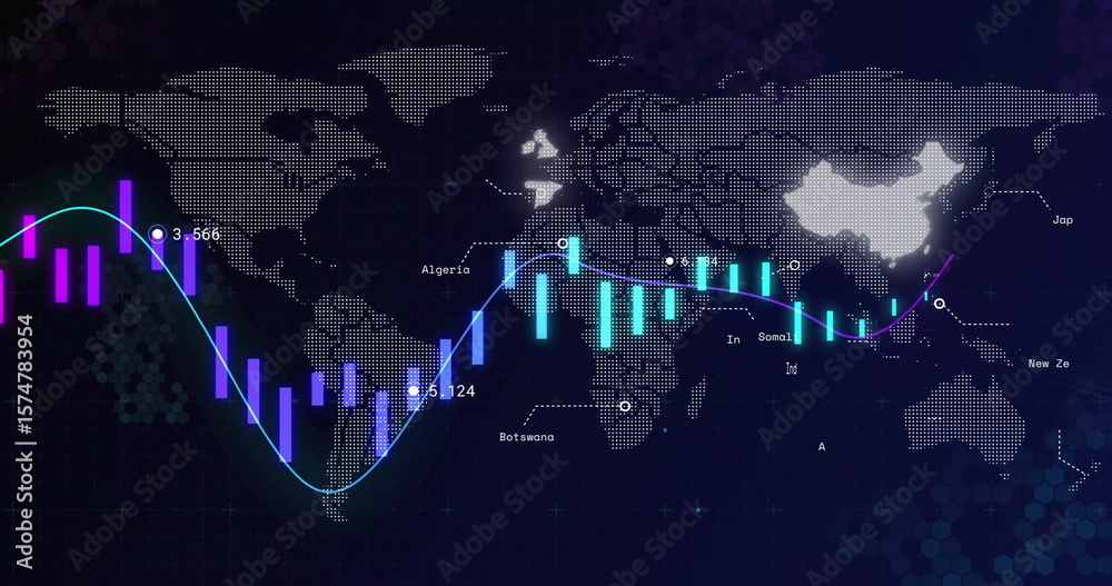 Poster dotted world map displaying purple and cyan bar charts on dark grid interface, with numeric labels