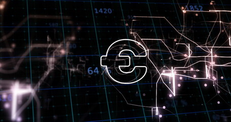 Floating euro currency symbol over blue network grid, with glowing lines and numeric labels