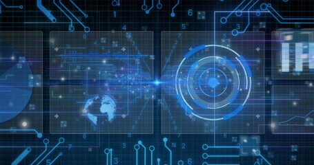 Displaying radar-like graphic rotating in cyberspace grid, with circuit tracings, numeric data