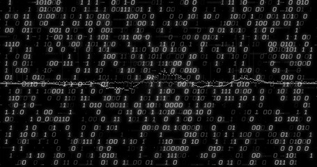 Displaying binary waveform glitching across digital environment, with scattered white digits