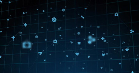 Forming dark navy digital grid network at digital interface, with floating glowing medical icons