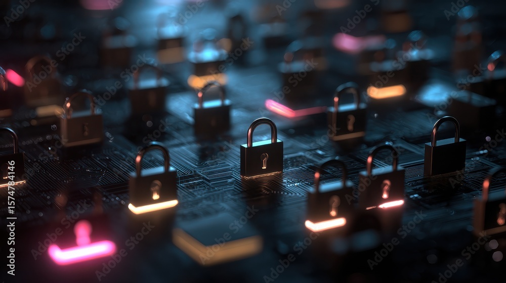 Poster explore abstract digital locks and passwords in cybersecurity for privacy protection visuals showcas