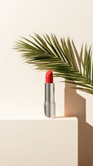 Red Lipstick with Tropical Leaf