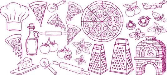 A delightful hand drawn collection of pizza ingredients and cooking tools including slices of pizza a whole pizza tomatoes basil cheese olive oil a chef s hat rolling pin pizza cutter and a brick oven
