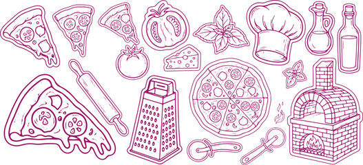 Collection of hand drawn pizza ingredients cooking tools and a brick oven with a chef hat and olive oil bottles