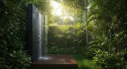 Outdoor shower in lush garden with tropical plants and sunlight for relaxation and wellness retreat area