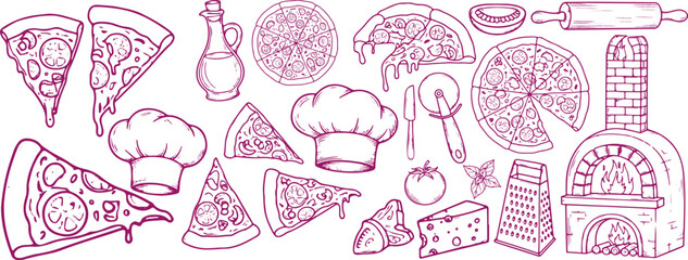 Hand drawn pizza ingredients and cooking tools including slices of pizza whole pizza chef hats olive oil tomato basil cheese grater rolling pin pizza cutter and oven