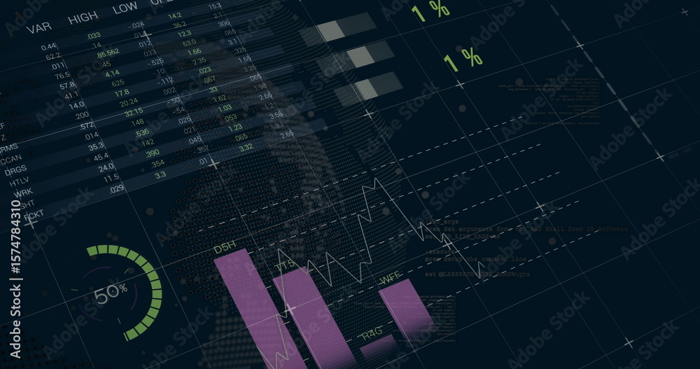 Poster displaying dark interface showing data on virtual dashboard, with numeric table and progress gauge