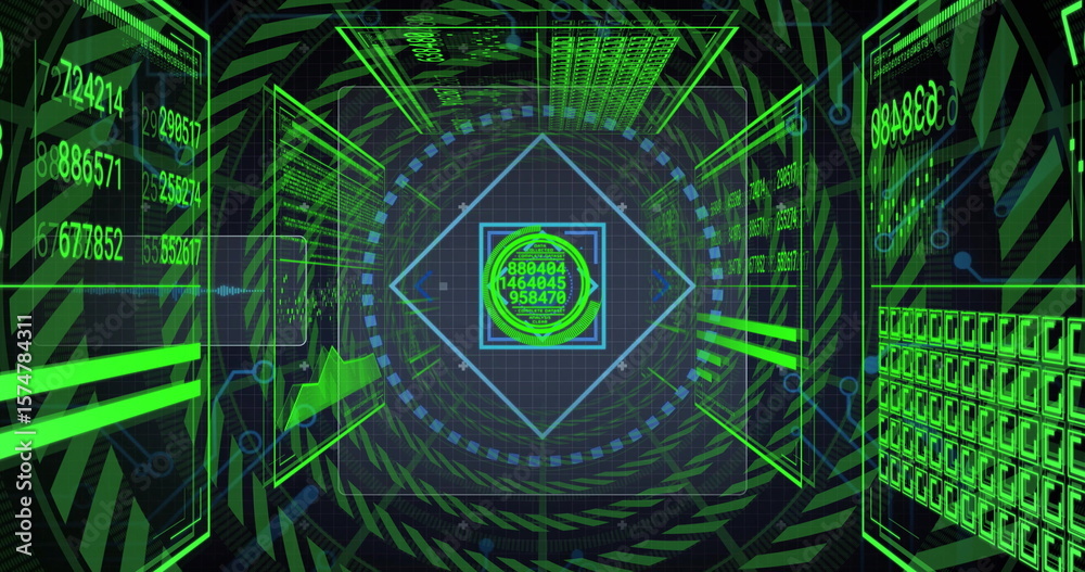 Poster central circular data hub rotating in neon tunnel, with floating holograms, numeric streams