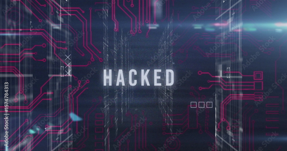 Poster Displaying white HACKED text floating in cyberspace, with data columns and neon circuit traces