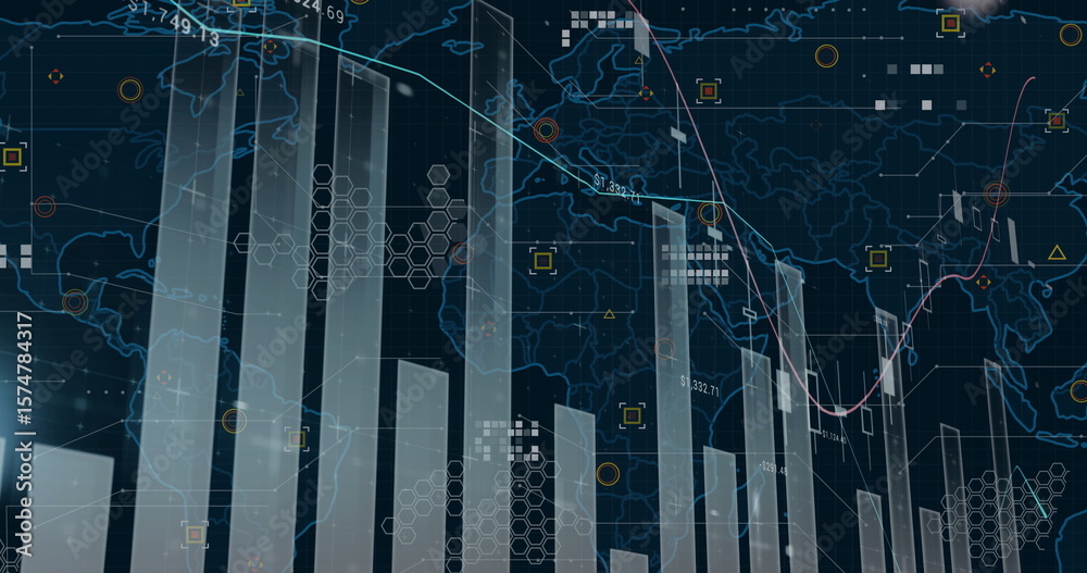 Poster displaying translucent vertical bars rising on virtual dashboard, with world map and hex grids