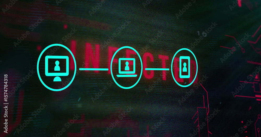 Poster displaying three cyan device icons linking on glitch backdrop, with red text and circuit patterns