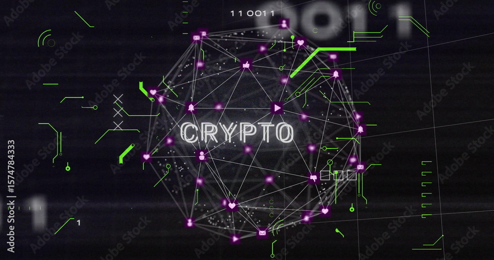 Poster displaying wireframe crypto network sphere rotating in tech interface, showing purple social nodes