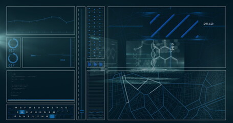 Displaying futuristic digital interface screen at workstation, with line graph, gauges, code window