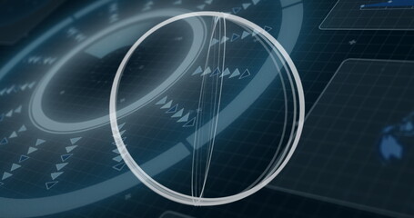 Displaying central wireframe sphere rotating in HUD, with glowing rings arrows and map silhouette