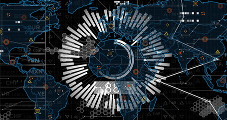 Displaying central radial bar chart on digital analytics dashboard, with stylized world map overlay