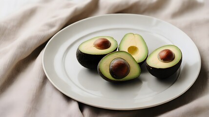 Freshly Cut Avocados on a White Plate, Natural Light, Healthy Food Concept