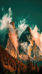 Dramatic Mountain Peaks Bathed in Golden Light with Ethereal Clouds