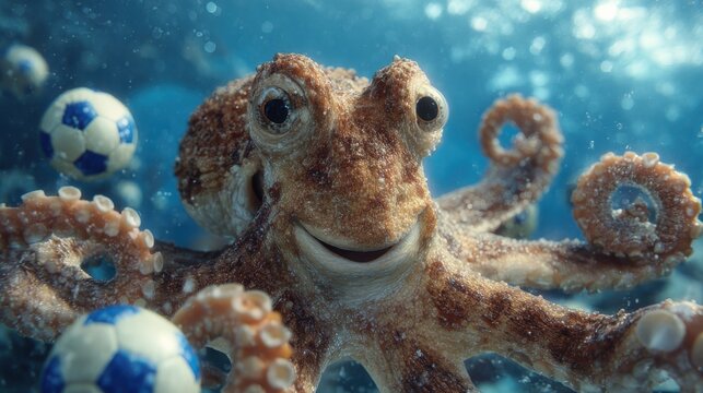 Joyful octopus playing with soccer balls, underwater theme.