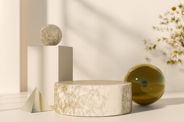 Geometric shapes and spheres displayed in a minimalist setting. 3d rendering