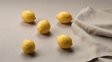 Five Bright Yellow Lemons with a Linen Cloth on a Neutral Surface
