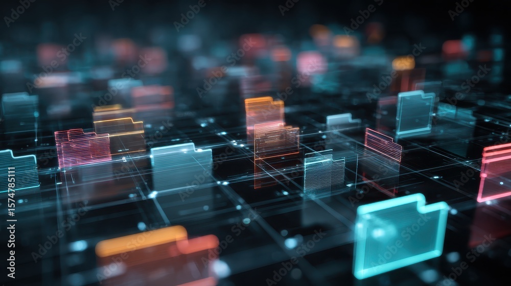 Poster abstract network grid with files and folders, futuristic software interface, digital document manage