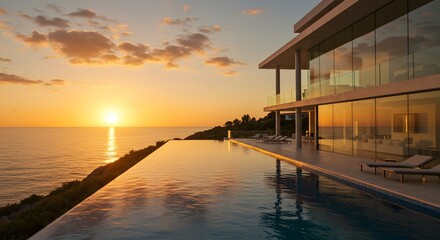 Luxury villa infinity pool sunset ocean view modern architecture travel destination vacation home rental design