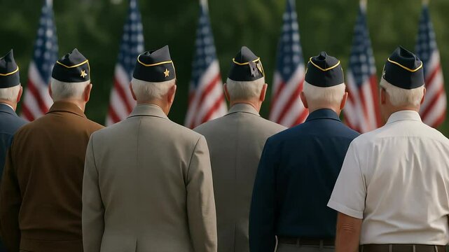 Honoring service and sacrifice A group of veterans stand in solemn tribute before a row of American flags, symbolizing patriotism and remembrance.