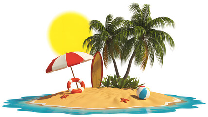 Summer vacation vibes come alive in a vibrant tropical beach scene with palm trees and sunshine, creating a playful island getaway.