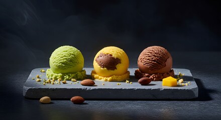 Delicious gelato ice cream scoops pistachio mango chocolate flavor dessert food sweet treat frozen dessert