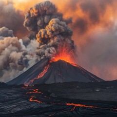 A erupting volcano with lots of smoke and lava pouring out.