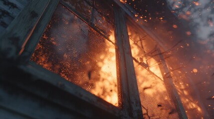A close-up of flames bursting through the windows of a burning house, the heat warping the glass, with ash and embers filling the air