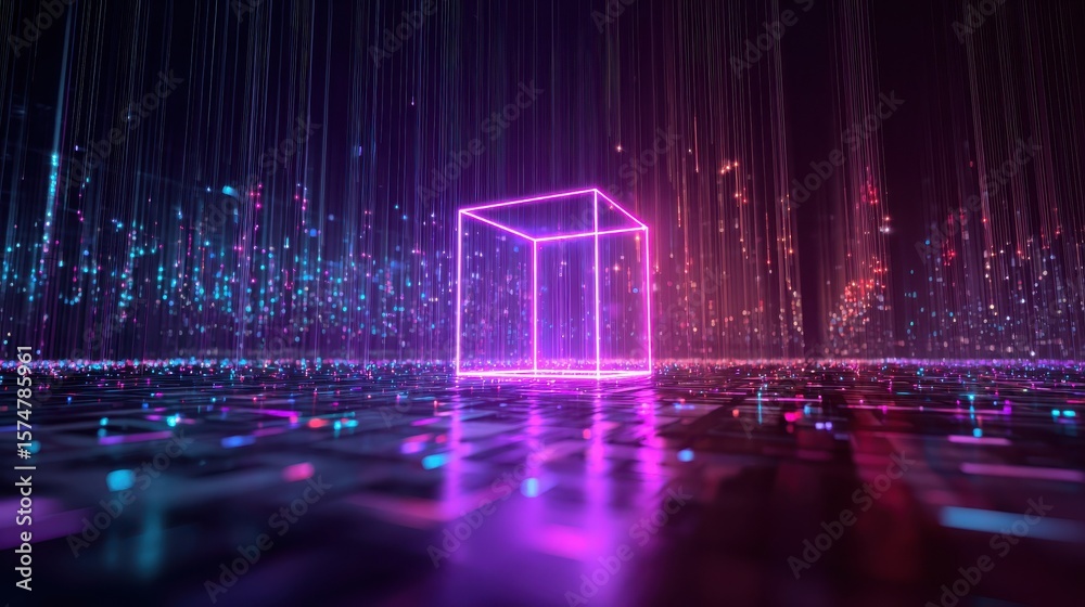 Poster a background consisting of a neon cube and data stream, generated using stock and incorporating elem