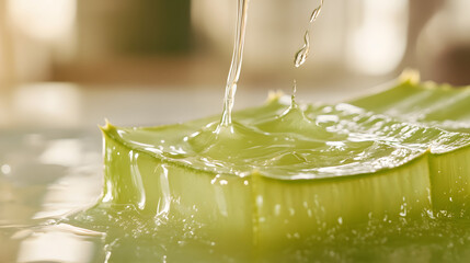 Close-up of fresh aloe vera leaf with clear gel dripping in golden light capturing natural skincare and organic wellness essence