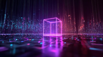A background consisting of a neon cube and data stream, generated using stock and incorporating elements of technology, virtual reality, and blockchain