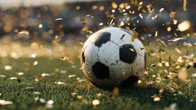 Team winning the match, soccer ball on the field with golden confetti - Powered by Adobe