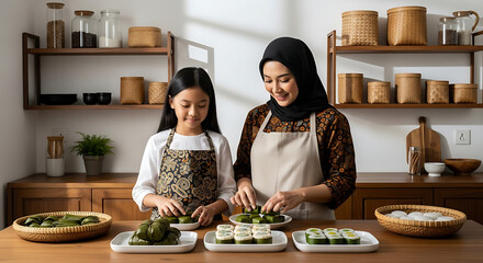 A Muslim mother and daughter joyfully prepare traditional Indonesian food together in their kitchen.