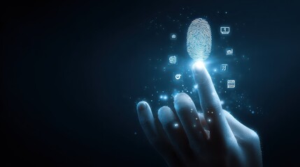 A hand with a glowing fingerprint above and digital icons below on a dark background in blue tones